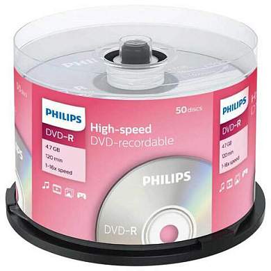 Диски DVD-R PHILIPS, 4,7 Гб, 16x, Cake Box (упаковка на шпиле), КОМПЛЕКТ 50 шт., DM4S6B50F/97 (арт. 514197)