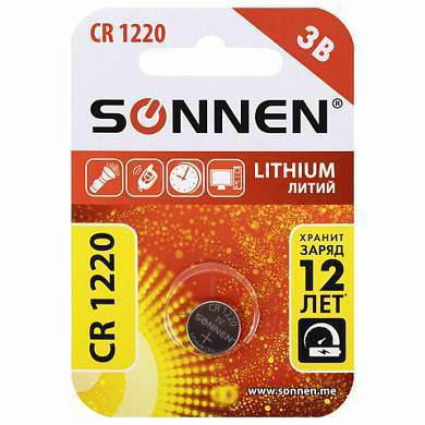 Батарейка литиевая SONNEN Lithium CR1220 "таблетка, дисковая, кнопочная" 1 шт., блистер, 455597 (арт. 455597)