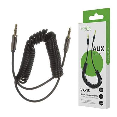 Переходник AUX, jack 3,5 (M) – jack 3,5 (M), 2 м, VIXION PRO VX-15, спираль, черный, 02755, БП-00000935 (арт. 514406)