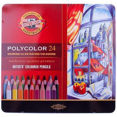 Карандаши цветные художественные Koh-I-Noor "Polycolor", 24цв., заточен., метал. пенал (арт. 132740)