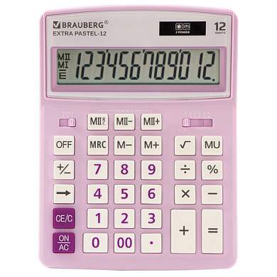 Калькулятор настольный BRAUBERG EXTRA PASTEL-12-PR (206x155 мм), 12 разрядов, двойное питание, СИРЕНЕВЫЙ, 250489 (арт. 250489)
