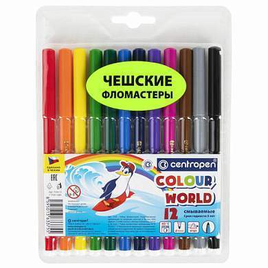 Фломастеры 12 ЦВЕТОВ CENTROPEN "Colour World", круглые, смываемые, 7550/12TP, 7 7550 1284 (арт. 151167)