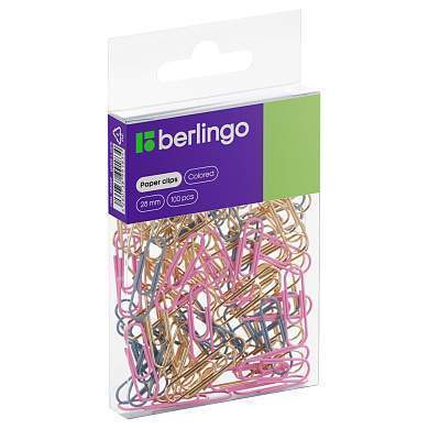 Скрепки 28мм, Berlingo, 100шт., цветные, ПВХ упак., европодвес, розовый+золотой (арт. 330190)