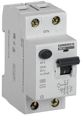 IEK GENERICA устройство защитного отключения УЗО ВД1-63 2Р 40А 30мА (арт. 634809)