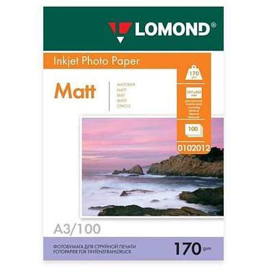 Фотобумага матовая БОЛЬШОГО ФОРМАТА, A3, 170 г/м2, двусторонняя, 100 листов, LOMOND, 0102012 (арт. 364012)