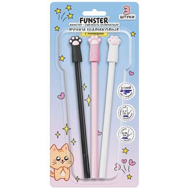 Ручки с топпером шариковые FUNSTER "CAT PAWS", НАБОР 3 ШТУКИ, СИНИЕ, пишущий узел 0,7 мм, линия письма 0,35 мм, 144375 (арт. 144375)