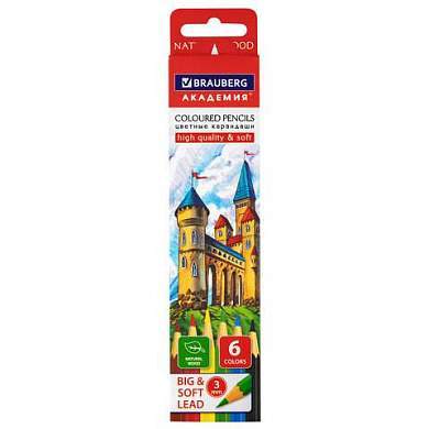 Карандаши цветные мягкие BRAUBERG АКАДЕМИЯ, 6 цветов, шестигранные, грифель 3 мм, натуральное дерево, 181863 (арт. 181863)