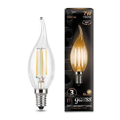 Gauss Filament Свеча на ветру E14 7W(550lm) 2700K 2K прозр. 120x35 филамент (нитевидная), 104801107 (арт. 645941)