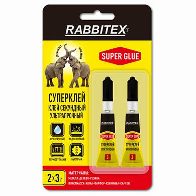 Клей секундный суперклей УЛЬТРАПРОЧНЫЙ, набор 2х3 грамма, RABBITEX, 609813 (арт. 609813)