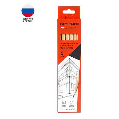 Набор карандашей ч/г Красин "Конструктор" 6шт., 2Т (2H), T(H), ТМ (HB)-2, М (B), 2М (2B), шестигран., заточен., карт. упаковка, европодвес (арт. 346234)