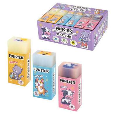 Ластик FUNSTER (ФАНСТЕР) "PETS", 50х21х16 мм, прямоугольный, картонный держатель, экологичный ПВХ, ассорти, 272725 (арт. 272725)
