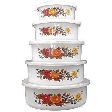 Миска FAMILIA с крышкой 195/340/600/850/1250мл, набор 5шт/уп, эмаль, белый 8764 Mallony (арт. 779080)