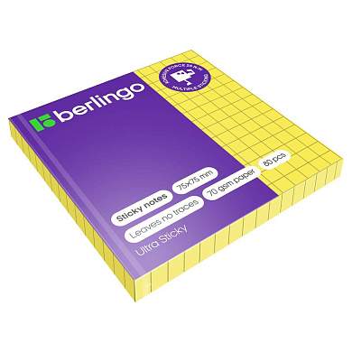 Самоклеящийся блок Berlingo "Ultra Sticky", 75*75мм, 80л., в клетку, желтый неон (арт. 287189)