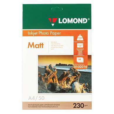 Фотобумага матовая, А4, 230 г/м2, односторонняя, 50 листов, LOMOND, 0102016 (арт. 360930)
