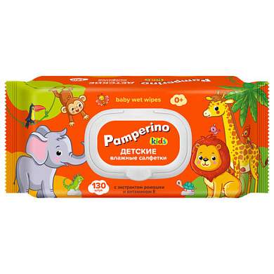 Салфетки влажные детские 130 шт., PAMPERINO, с экстрактом ромашки и витамином Е, крышка-клапан, 72954 (арт. 118746)