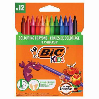 Мелки пластиковые BIC "Plastidecor", 12 цветов, ультрапрочные, круглые, картонная упаковка, подвес, 945764 (арт. 222900)