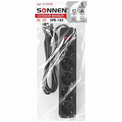 Сетевой фильтр SONNEN SPB-185, 5 розеток с заземлением, выключатель, 10 А, 1,8 м, черный, 513656 (арт. 513656)