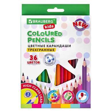Карандаши цветные BRAUBERG KIDS NEW, 36 цветов, трехгранные, грифель 3 мм, 182003 (арт. 182003)