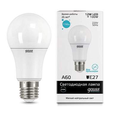 Gauss Elementary ЛОН A60 E27 12W(1150lm) 4100K 4K 113x60 матовая, пластик/алюм. 23222 (арт. 483501)