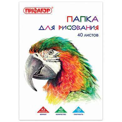 Папка для рисования БОЛЬШОГО ФОРМАТА А3, 40 л., 120 г/м2, ПИФАГОР, 297х420 мм, "Попугай", 129219 (арт. 129219)