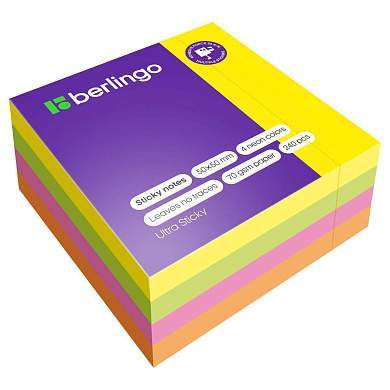 Самоклеящийся блок Berlingo "Ultra Sticky", 50*50мм, 240л., 4 неоновых цвета (арт. 270290)