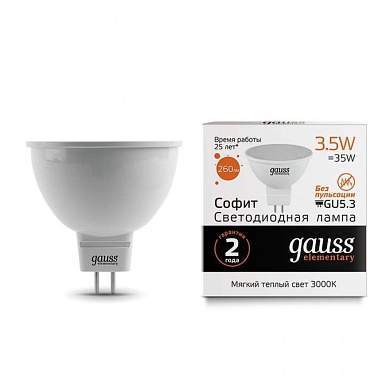 Gauss Elementary MR16 GU5.3 220V 3.5W(290lm) 3000K 2K 50x45 матовая пластик/алюм. 13514 (арт. 461877)