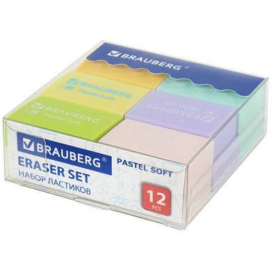 Ластики BRAUBERG "Pastel Soft" НАБОР 12 шт., размер ластика 31х20х10 мм, экологичный ПВХ, 229598 (арт. 229598)