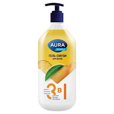 Гель-смузи для душа 3 в 1 для тела, рук и ванны 1 л, AURA FAMILY "Дыня, ананас, персик", дозатор, 14950 (арт. 702025)