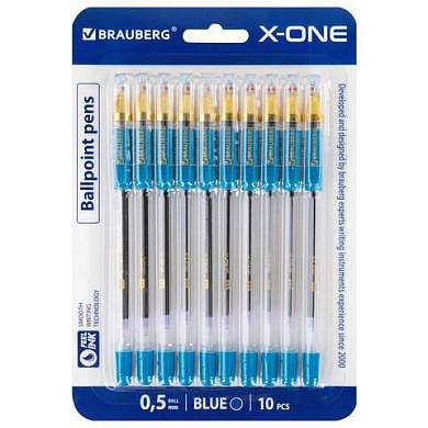Ручки шариковые с грипом BRAUBERG "X-ONE", НАБОР 10 ШТУК, СИНИЕ, корпус прозрачный, узел 0,5 мм, линия письма 0,35 мм, 143990 (арт. 143990)