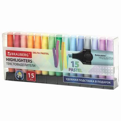 Набор текстовыделителей 15 ПАСТЕЛЬНЫХ ЦВЕТОВ на подставке, BRAUBERG "DELTA PASTEL", линия 1-5 мм, 152507 (арт. 152507)