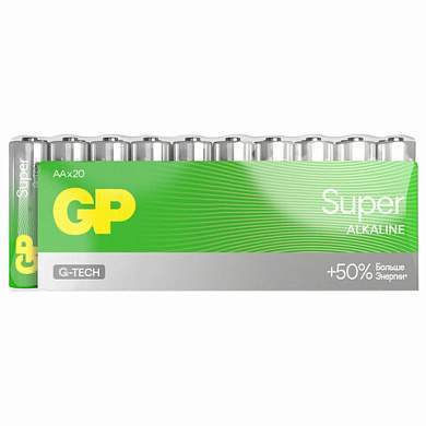 Батарейки GP Super, AA (LR6, 15А), алкалиновые, пальчиковые, КОМПЛЕКТ 20 шт., 15A-2CRVS20, GP 15A-2CRVS20 (арт. 455923)