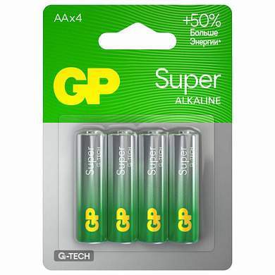 Батарейки КОМПЛЕКТ 4 шт., GP Super, AA (LR6, 15А), алкалиновые, пальчиковые, блистер (арт. 450434)