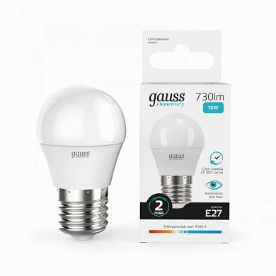 Gauss Elementary лампа Шар G45 E27 10W(730lm) 4100K 4K 82x45 матовая, пластик/алюм. 53220 (арт. 650773)