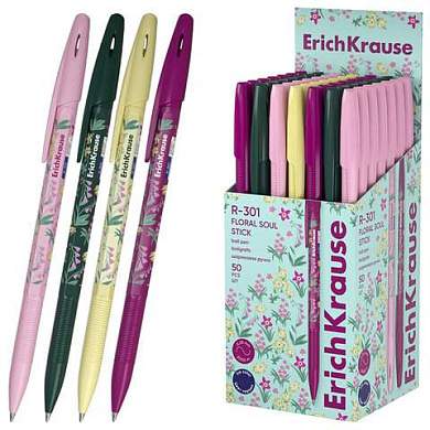 Ручка шариковая ERICH KRAUSE R-301 Stick Floral СИНЯЯ, корпус ассорти, линия 0,35 мм,, 63077 (арт. 144573)