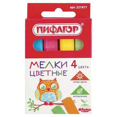 Мел цветной квадратный 4 штуки, ПИФАГОР, картонная упаковка, европодвес, 221977 (арт. 221977)