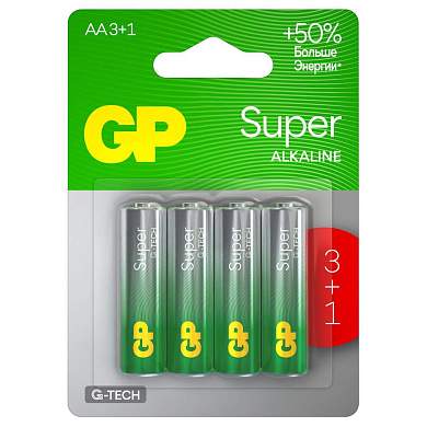 Батарейка GP Super G-Tech AA (LR6) 15A алкалиновая, BC4 (промо 3+1) (арт. 374884)