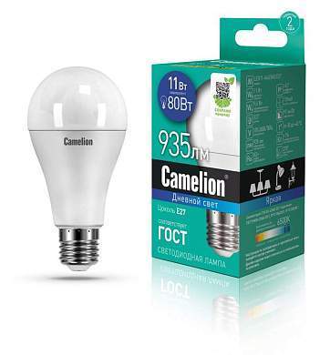 Camelion ЛОН A60 E27 11W(910lm 270°) 6500K 6K матов. 109x60 пластик LED11-A60/865/E27 (арт. 613296)