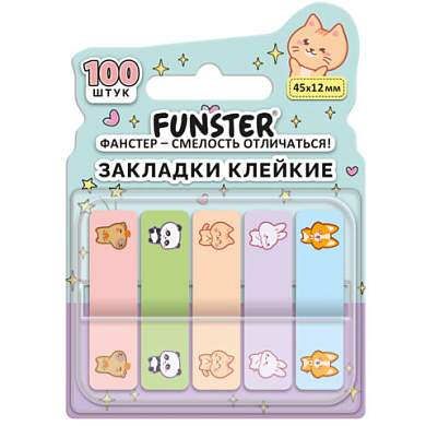 Закладки клейкие Z-сложения FUNSTER (ФАНСТЕР) "Животные", 45х12 мм, 100 шт. (5 цветов х 20 листов), в диспенсере, 116702 (арт. 116702)