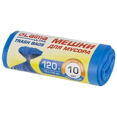 Мешки для мусора LAIMA "ULTRA" 120 л синие, рулон 10 шт. особо прочные, ПНД 23 мкм, 70х110 см, 607695 (арт. 607695)