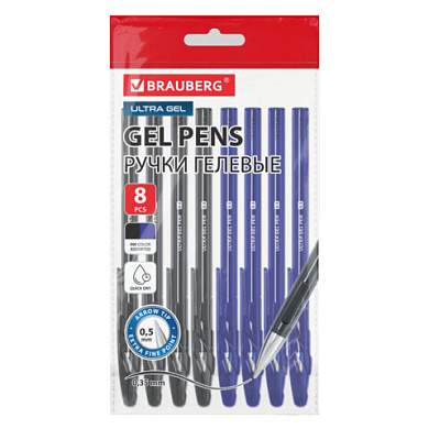 Ручки гелевые BRAUBERG "ULTRA GEL", НАБОР 8 ШТУК (4 СИНИХ, 4 ЧЕРНЫХ), стандартный наконечник 0,5 мм, линия 0,35 мм, 144280 (арт. 144280)