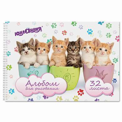 Альбом для рисования, А4, 32 листа, гребень, обложка картон, ЮНЛАНДИЯ, 205х290 мм, "Котики" (1 вид), 105077 (арт. 105077)