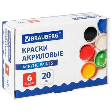 Краски акриловые для рисования и творчества 6 цветов по 20 мл, BRAUBERG, 192562 (арт. 192562)