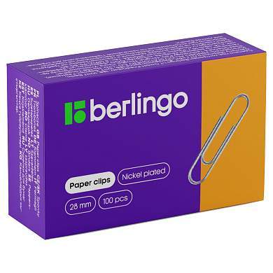 Скрепки 28мм, Berlingo, 100шт., никелированные, карт. упаковка (арт. 115998)