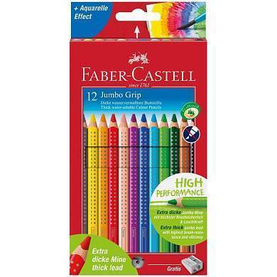 Карандаши цветные Faber-Castell "Jumbo Grip", 12цв., трехгран., утолщен., заточен., картон, европодв (арт. 286233)