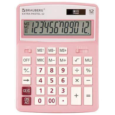 Калькулятор настольный BRAUBERG EXTRA PASTEL-12-PK (206x155 мм), 12 разрядов, двойное питание, РОЗОВЫЙ, 250487 (арт. 250487)