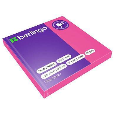 Самоклеящийся блок Berlingo "Ultra Sticky", 75*75мм, 80л., розовый неон (арт. 270278)