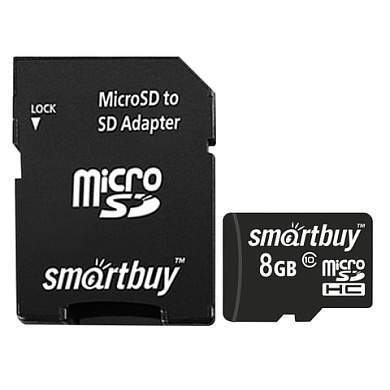 Карта памяти micro SDHC, 8 GB, SMARTBUY, 10 Мб/сек. (class 10), с адаптером, SB8GBSDCL10-01 (арт. 512805)