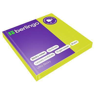 Самоклеящийся блок Berlingo "Ultra Sticky", 75*75мм, 80л., зеленый неон (арт. 270276)