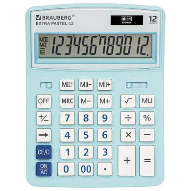 Калькулятор настольный BRAUBERG EXTRA PASTEL-12-LB (206x155 мм), 12 разрядов, двойное питание, ГОЛУБОЙ, 250486 (арт. 250486)