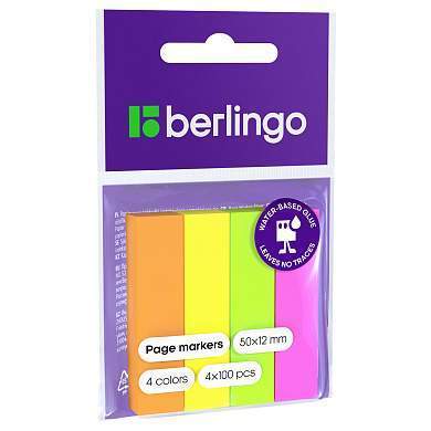 Флажки-закладки Berlingo, 12*50мм, 100л*4 неоновых цвета (арт. 205670)